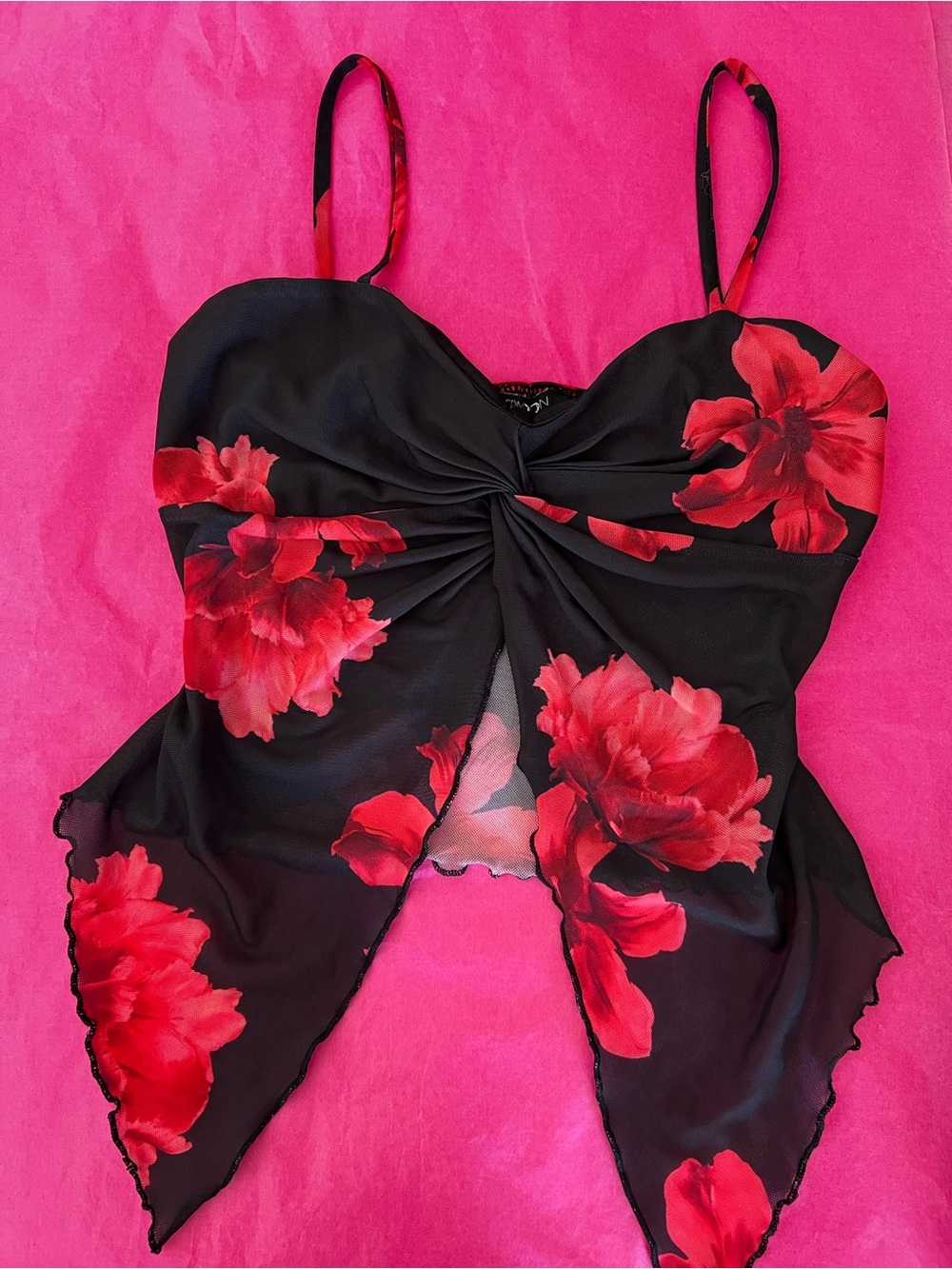Black Floral Sheer Knot-Front Crop Top with Red Blooms